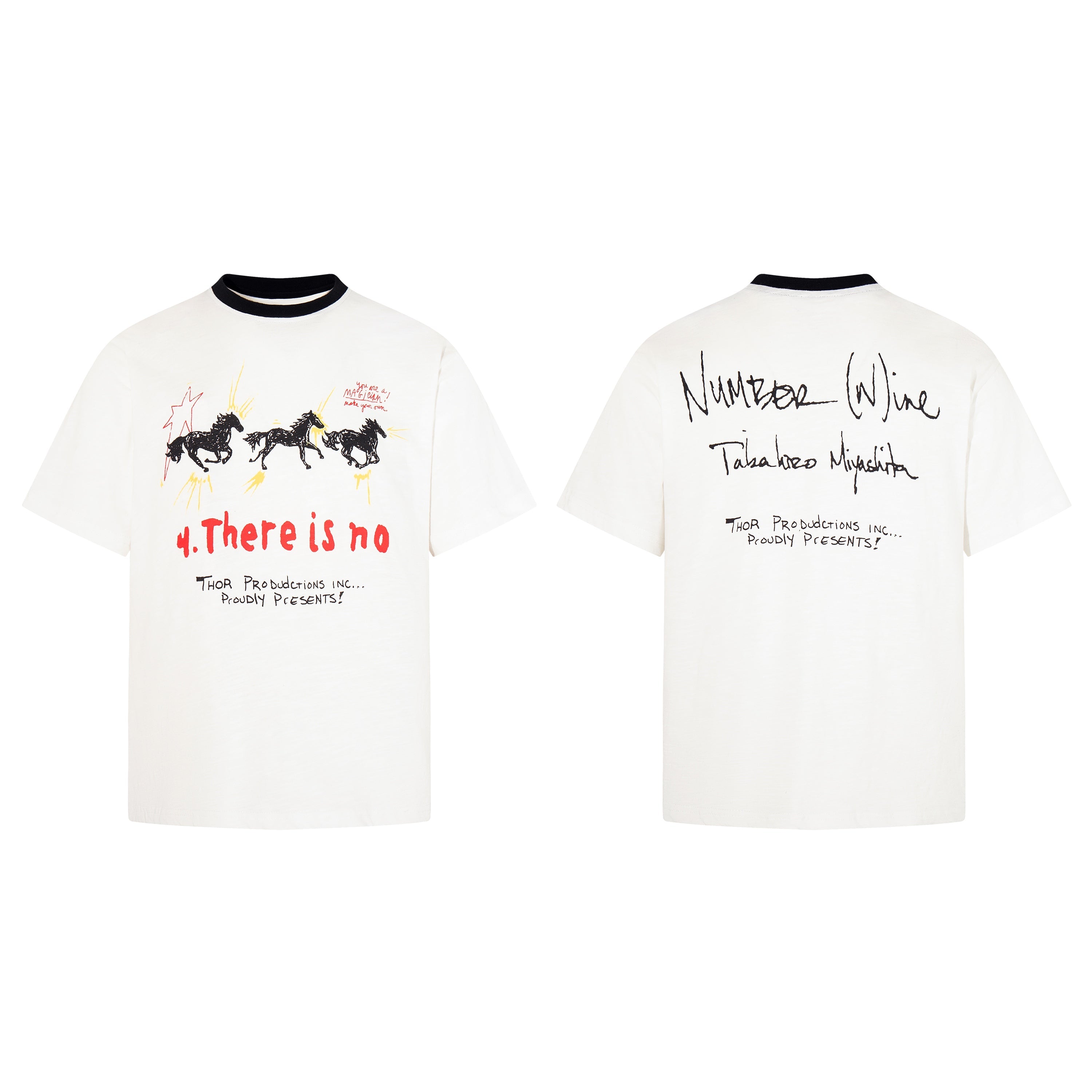 White graphic t-shirt with hand-drawn galloping horses, red graffiti text on front and Number Nine Takahiro Miyashita script
