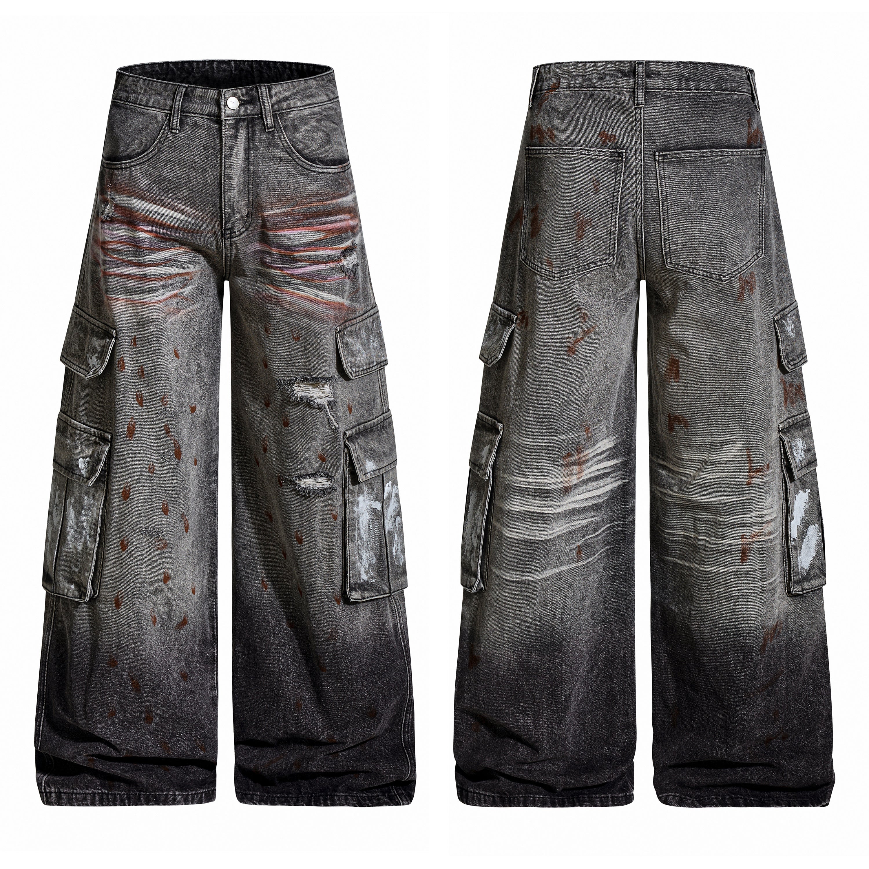 Front and back view of grey washed wide-leg cargo denim pants with paint splatter and distressed rips