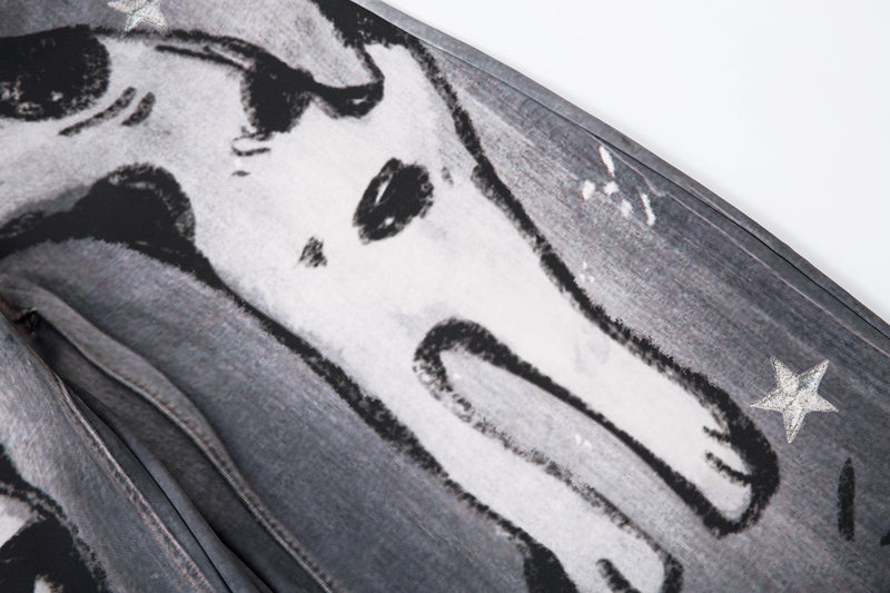 Cat Print Barrel Leg Jeans | Washed Grey Street Art Denim