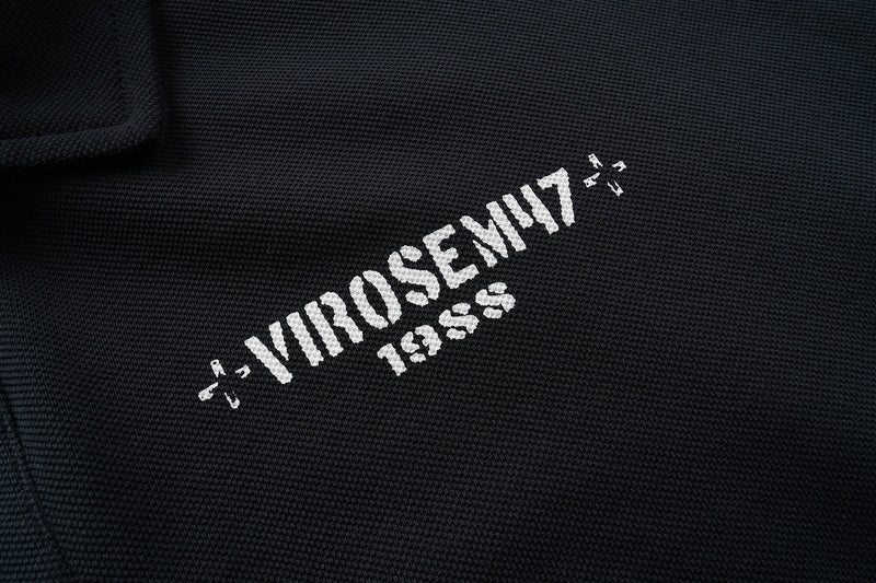 Black shirt close-up showing white Virosemi17 text printed diagonally on the chest