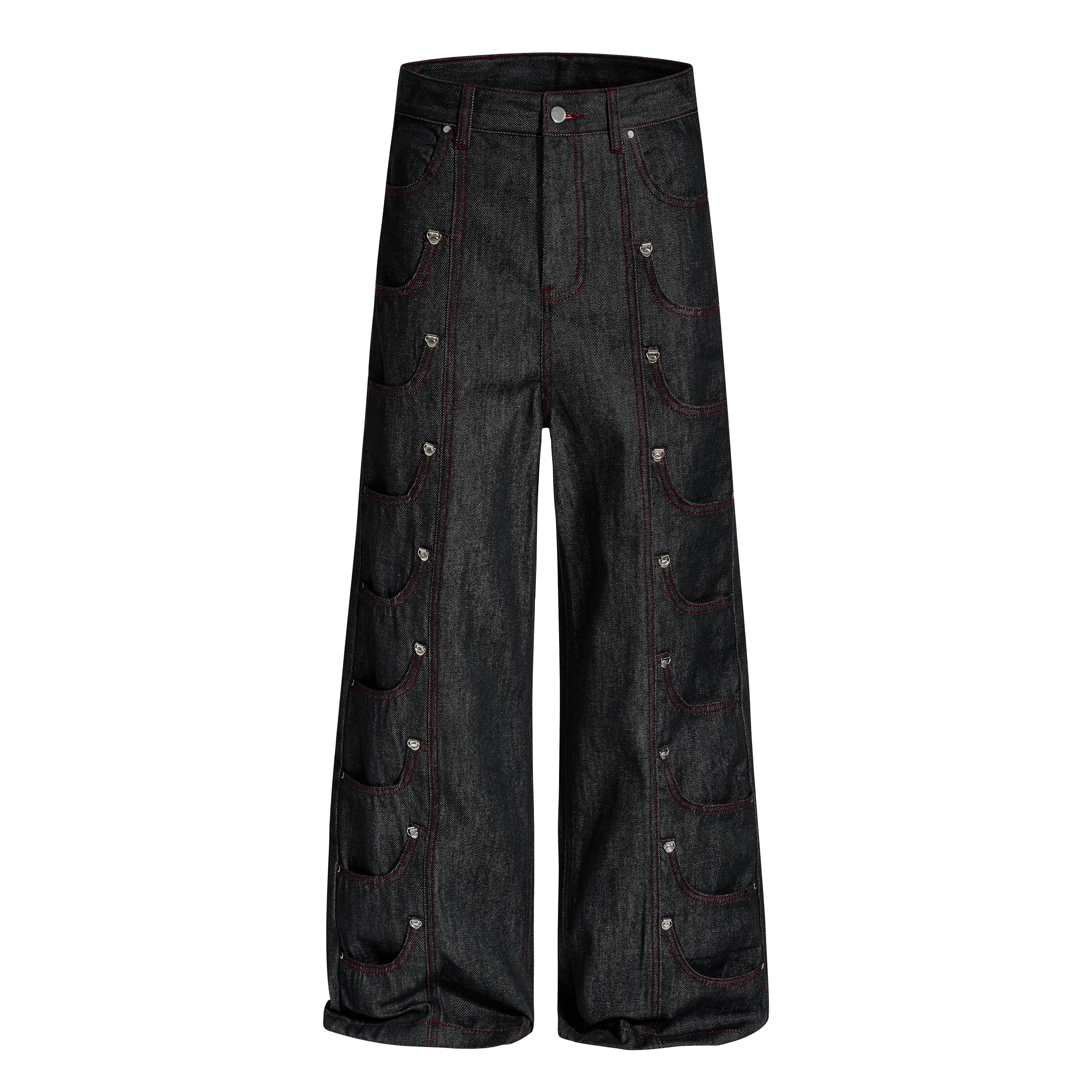 Omirad Multi-Pocket Wide-Leg Denim Pants | Red Contrast Stitch