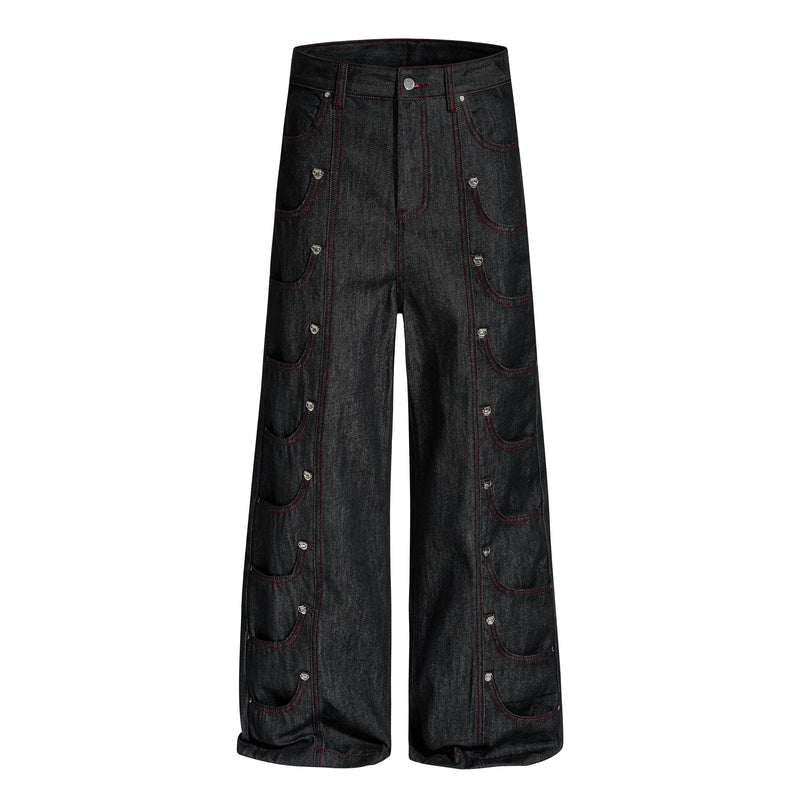 Front view of black wide-leg denim pants with red contrast stitching and multi-pocket design