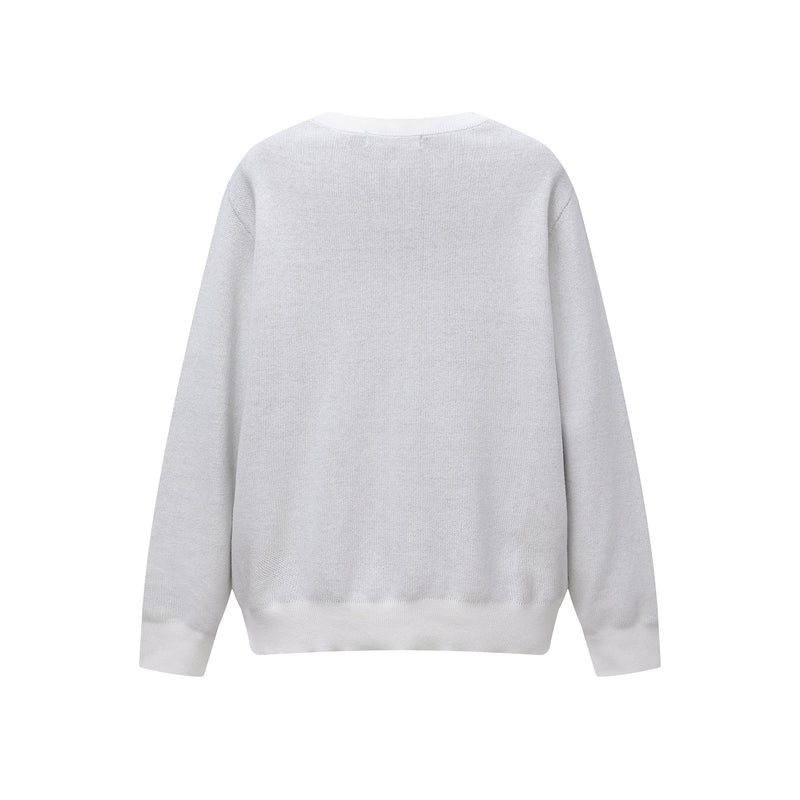 Back view of white knit sweater with plain solid design and crew neck