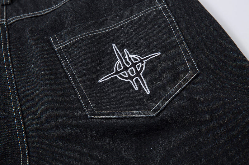 Tribal Wide-Leg Black Denim Jeans | Streetwear Baggy Fit