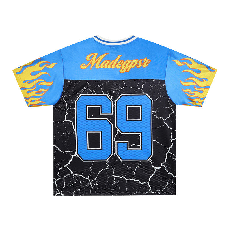 Blue varsity mesh football jersey with flame sleeves, cracked black body, and large number 69 on the back