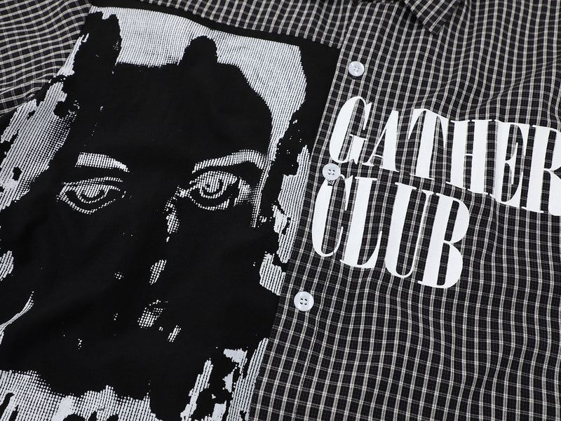 Black and white plaid button-up shirt with bold Gather Club graphic print and oversized face artwork