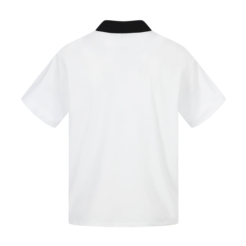White short-sleeve polo shirt with a black ribbed collar, shown from the back on a clean white background