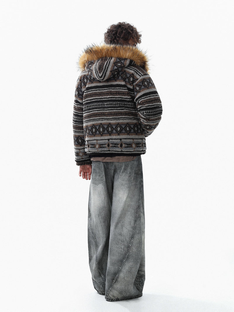 Nordic Faux Fur-Trim Hooded Zip Jacket | Ethnic Pattern