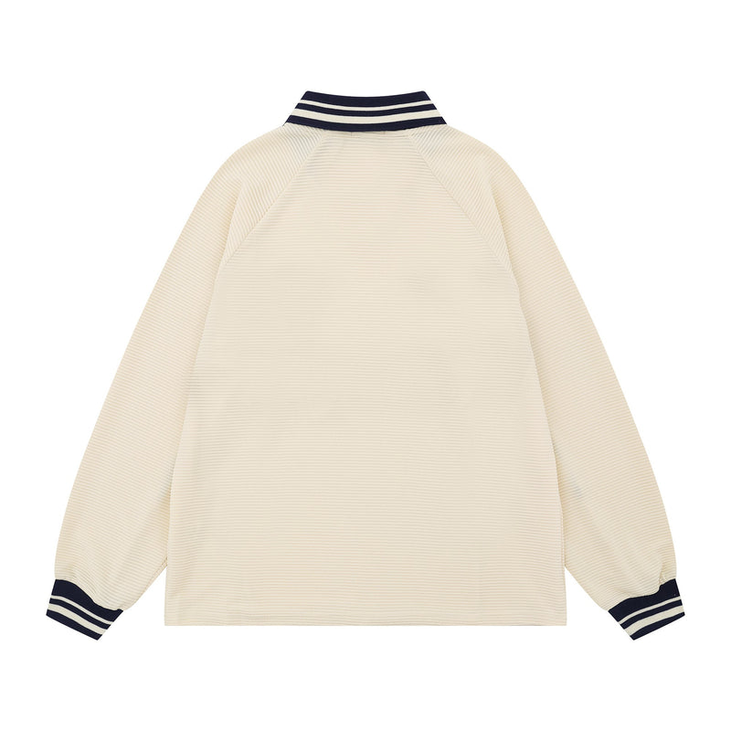 Cream long sleeve soccer jersey, back view with striped collar and cuffs