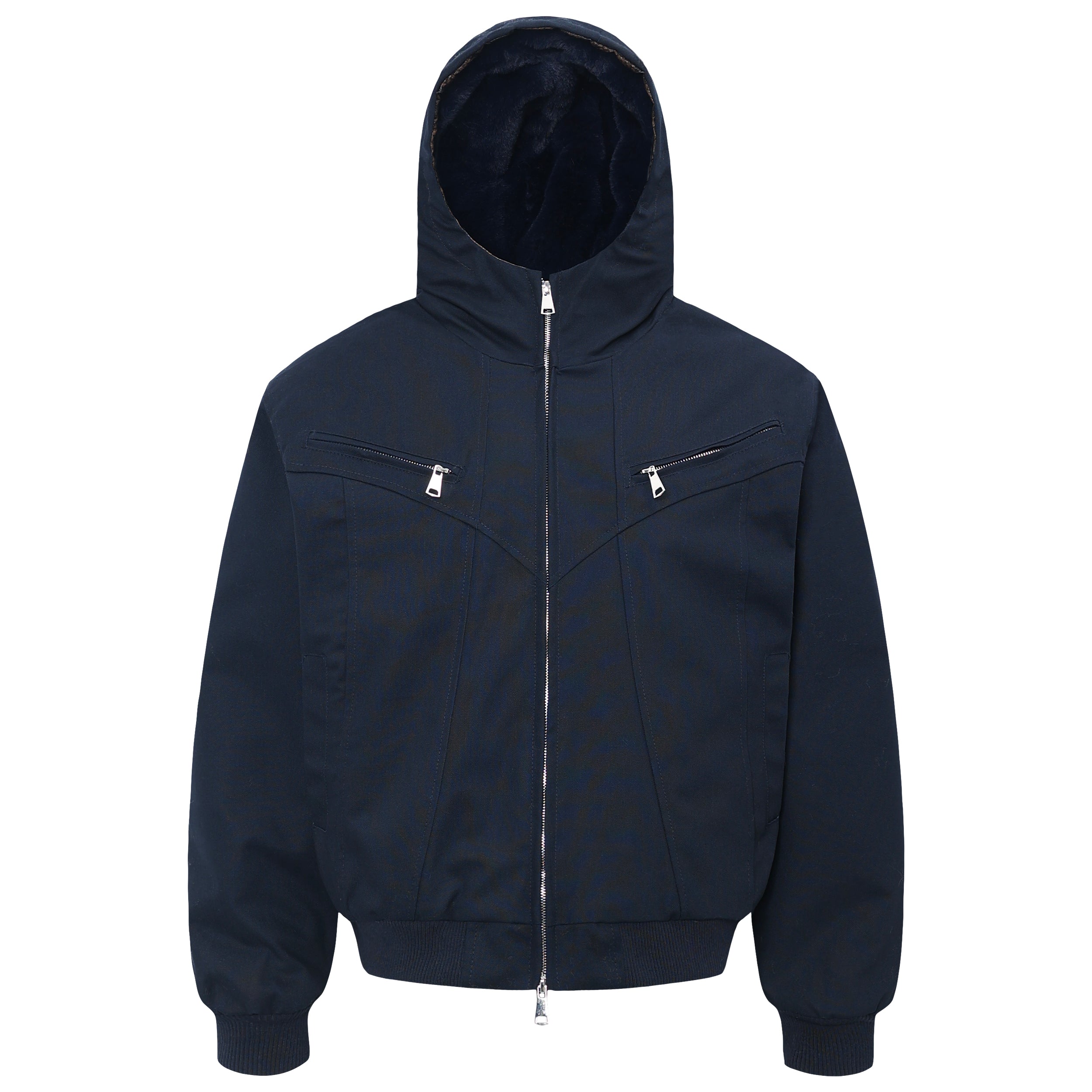 Men's navy hooded utility zip bomber jacket with dual chest zip pockets and ribbed cuffs, front view