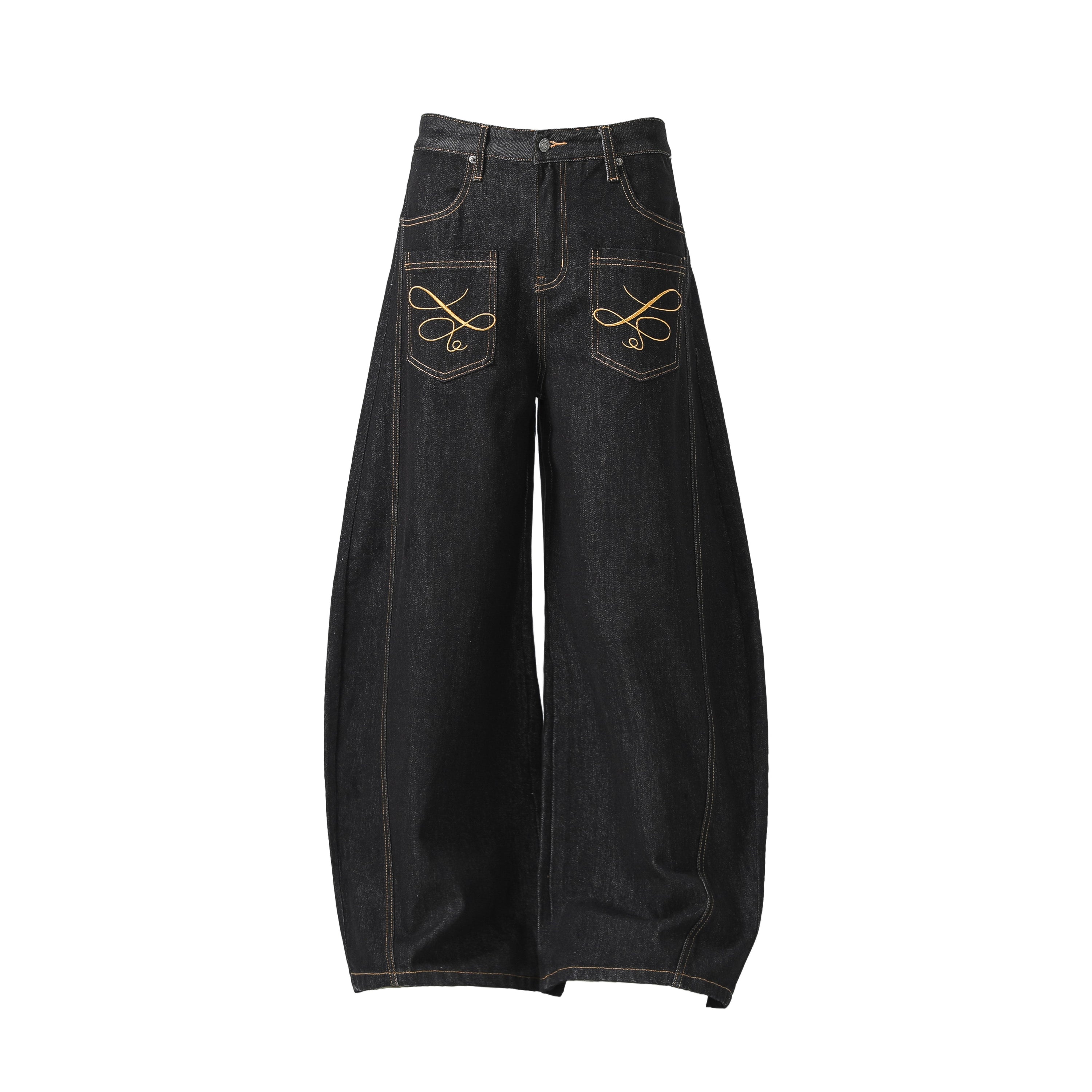 Omirad Embroidered Pocket Wide-Leg Jeans | Black Denim