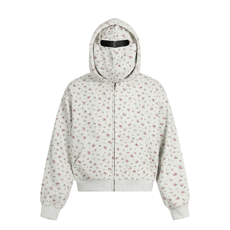 Front view of cream floral zip-up cropped hoodie with balaclava hood and face opening