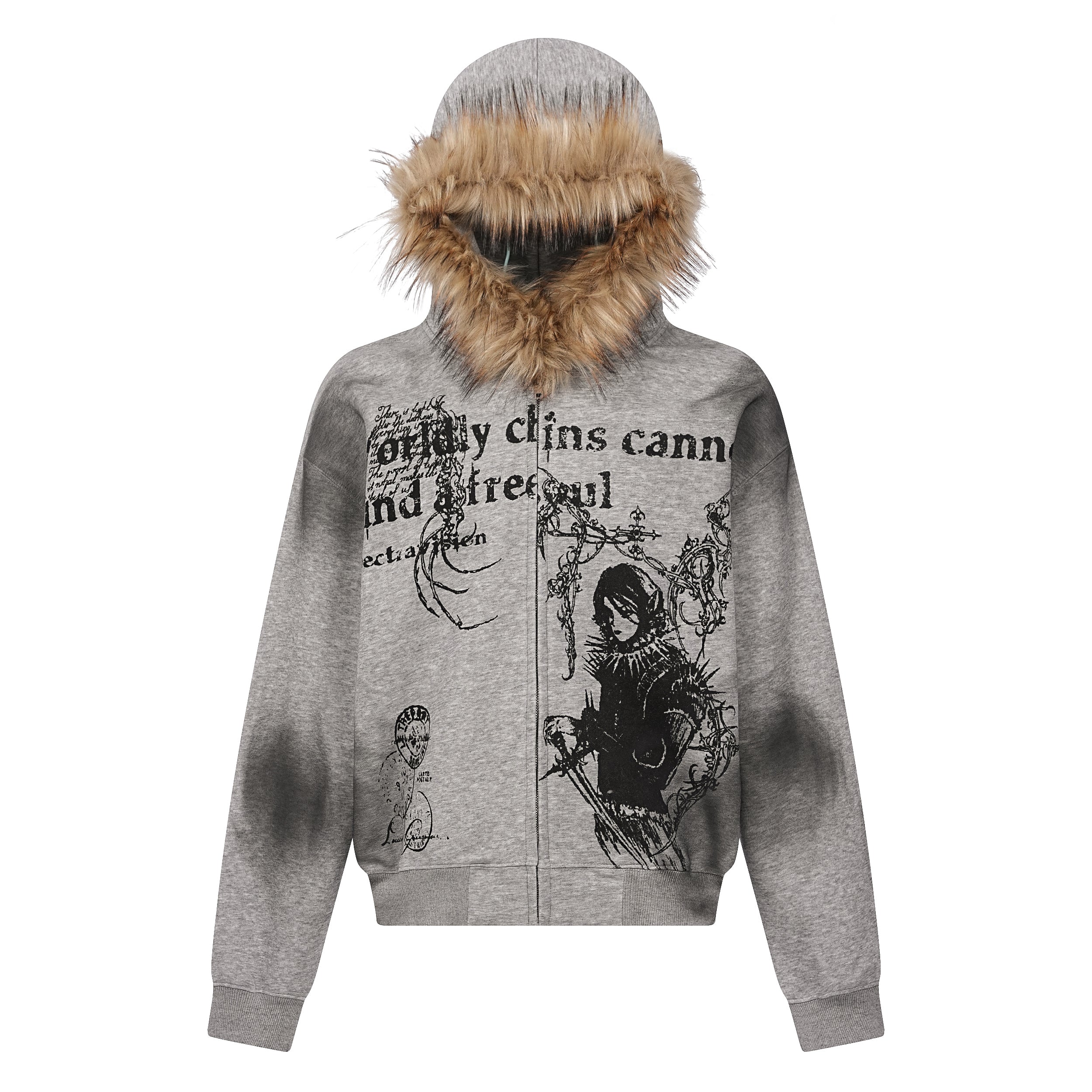 Grey gothic zip-up hoodie with faux fur hood trim and dark graphic print featuring cloaked figure and sword motifs
