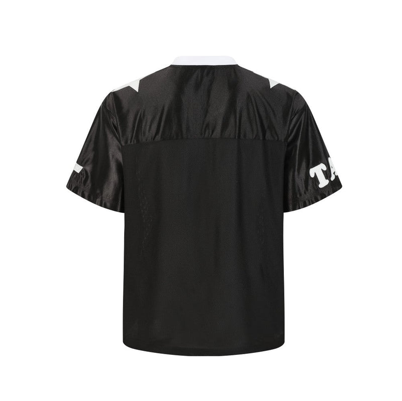 Black varsity mesh football jersey with white trim and short sleeves, shown from the back on a white background