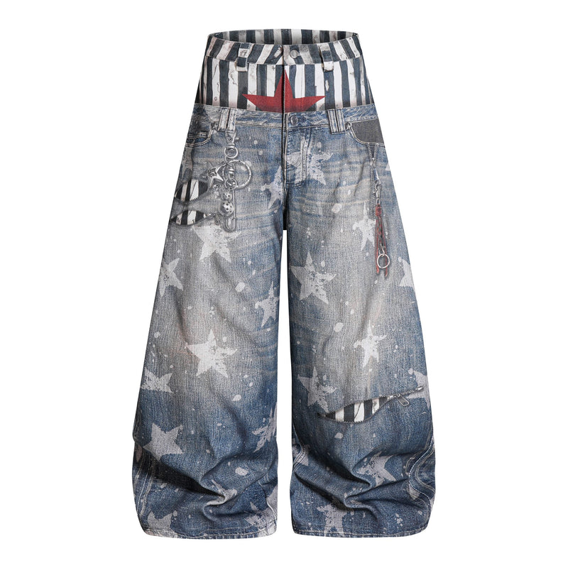 Front view of blue layered balloon jeans with star print and striped waistband
