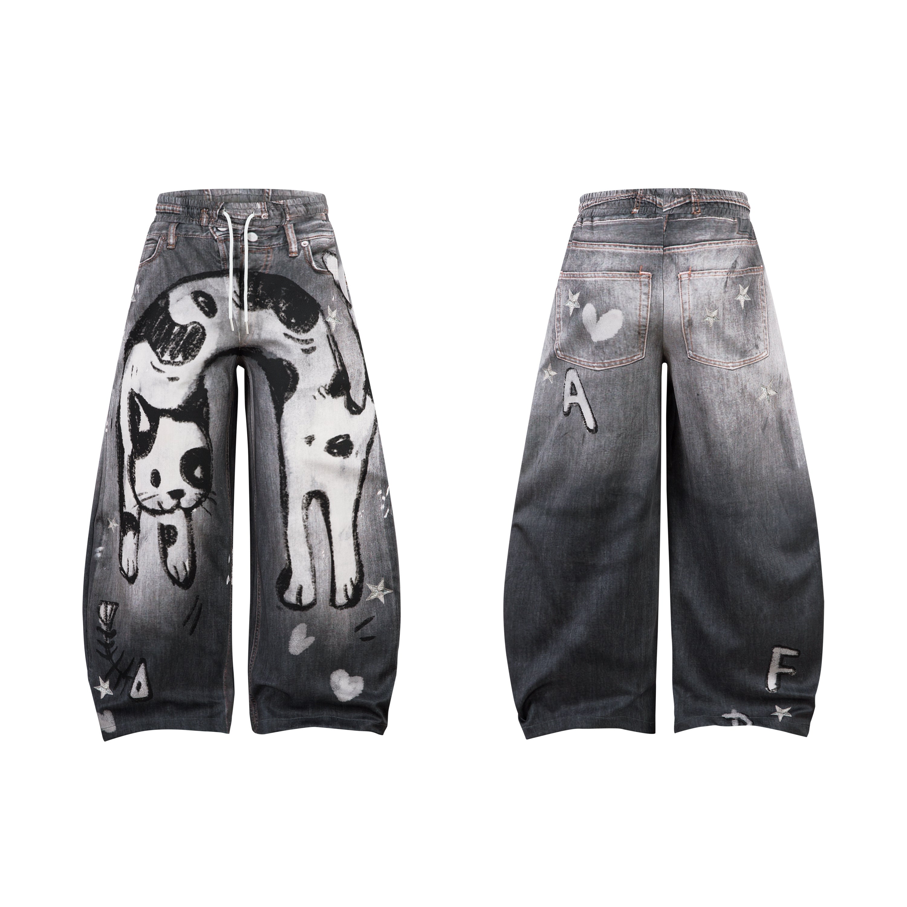 Front view of washed grey barrel leg jeans with large black and white hand-drawn cat graphic across both legs