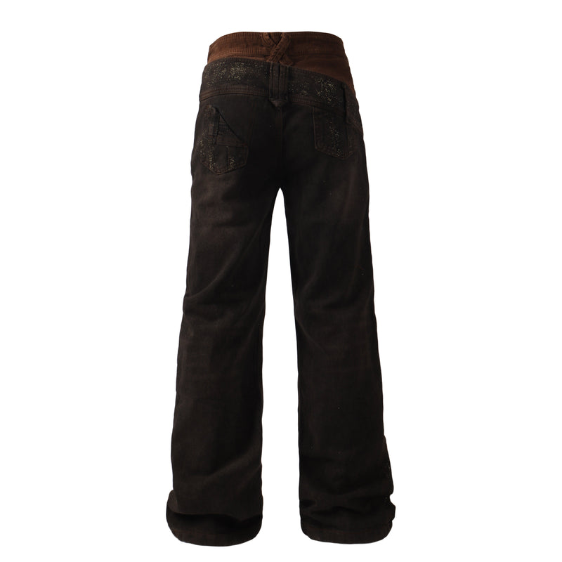 Back view of dark brown wide-leg jeans with dual waistband and glitter-speckled trim