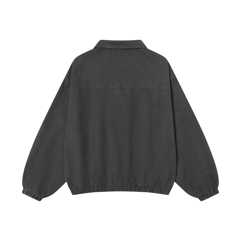 Black pullover sweatshirt back view with collar and elastic hem