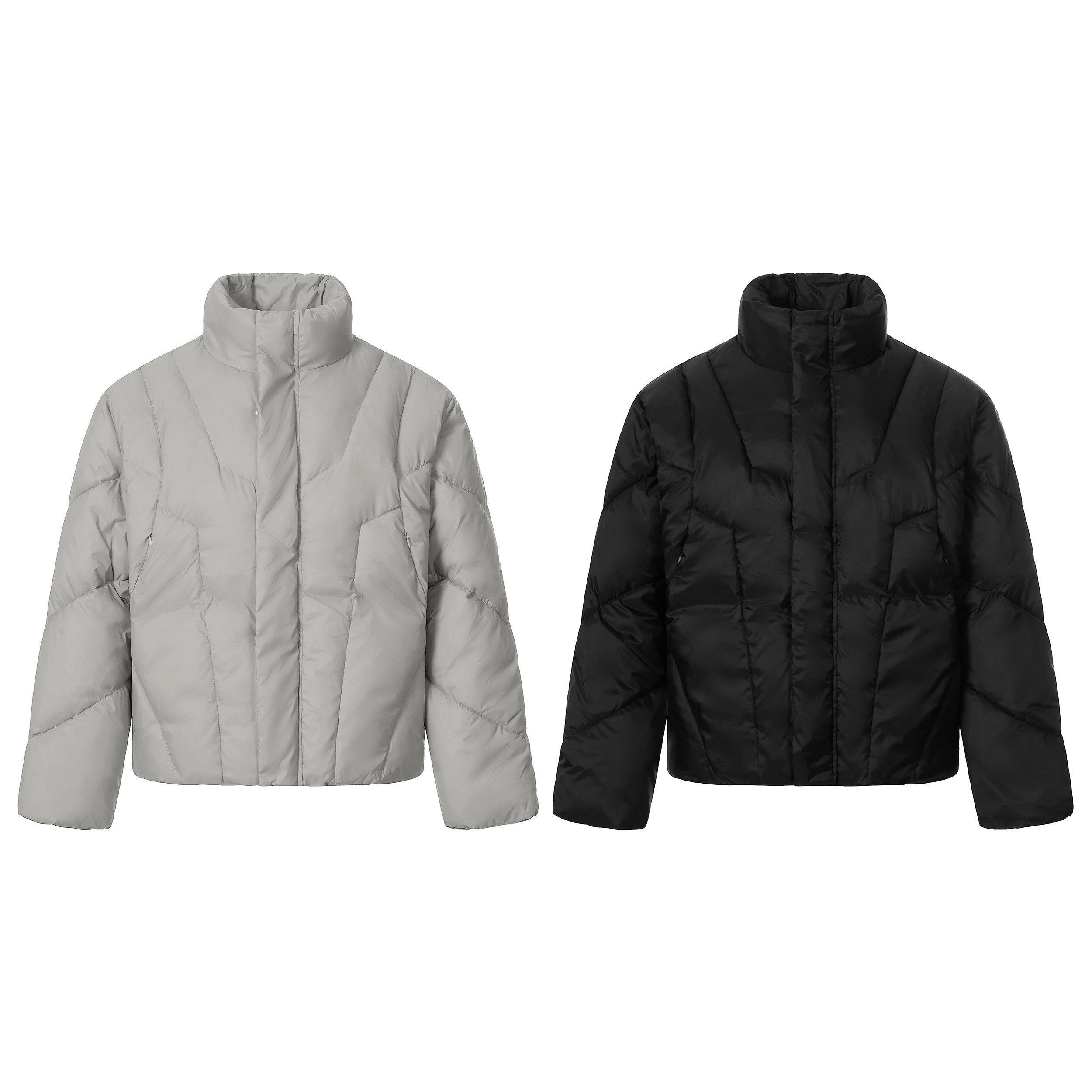 Omirad high-neck cropped puffer jacket shown in light grey and black colourways, flat lay on white background