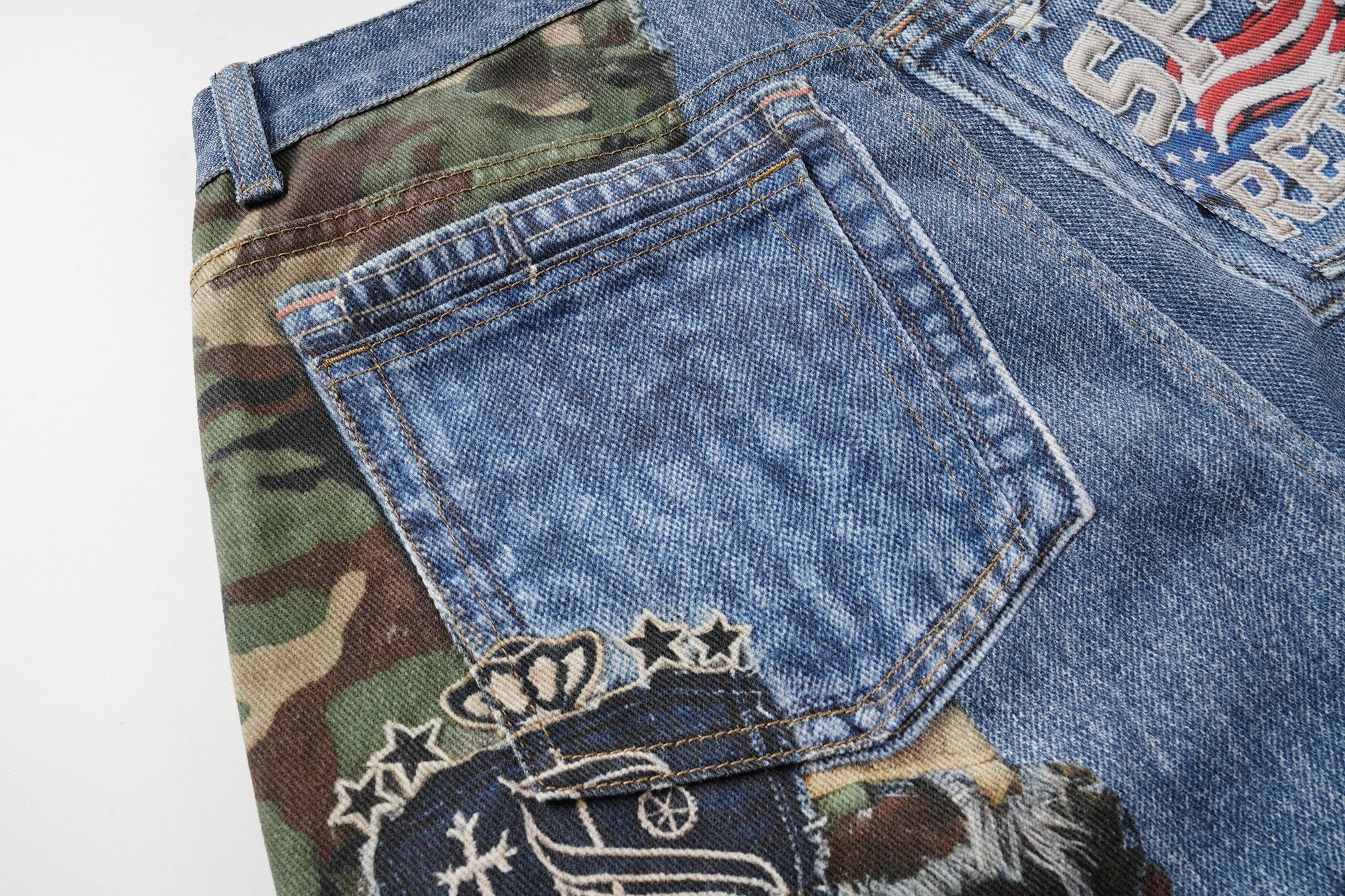 Camo Patch Denim Jorts | Y2K Varsity Streetwear Shorts