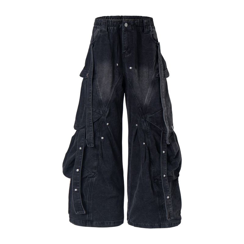 Black baggy cargo denim jeans, front view with elastic waistband, drawstring, and side pockets