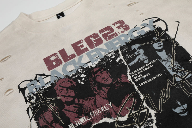 Cream vintage distressed graphic band tee with Black Sabbath print and ripped detail on the chest and sleeves