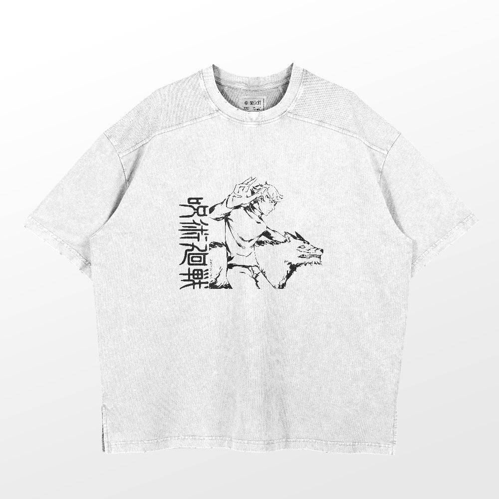 The Jujutsu Kaisen Megumi Fushiguro Washed Vintage T-Shirt, featuring a line drawing of Megumi with a wolf and stylized text, offers a casual oversized fit for comfort and style in 260 GSM premium cotton against a plain white backdrop.