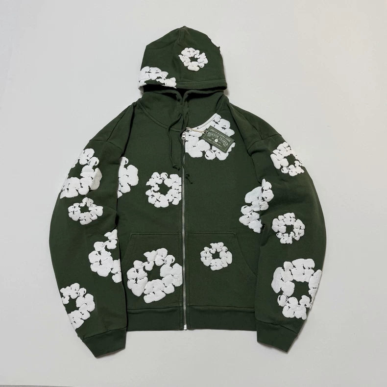 Denim Tears Cotton Wreath Puff Print Zip-Up Hoodie – Green