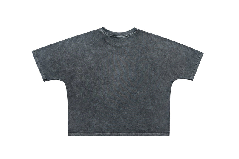 Vintage-wash dark gray oversized graphic tee with a faded distressed texture and wide sleeves