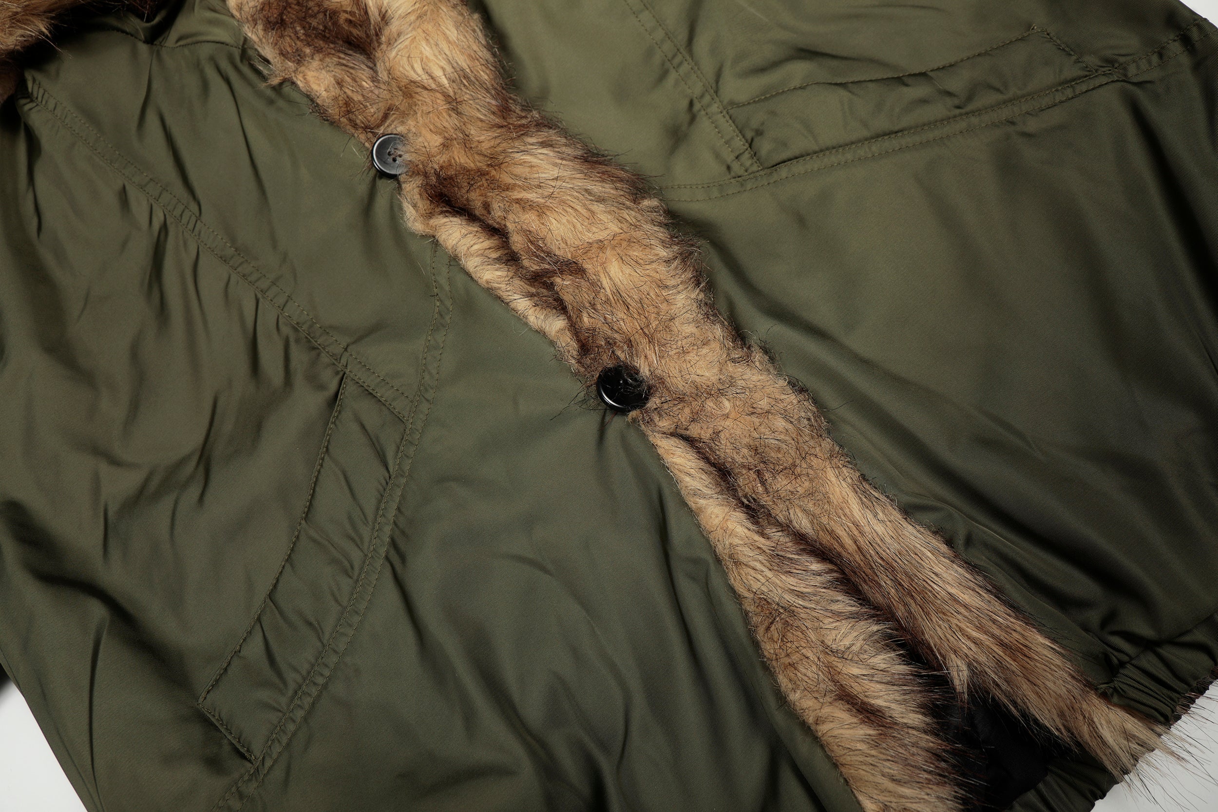 Faux Fur Trimmed Hooded Puffer Jacket | Army Green & Black