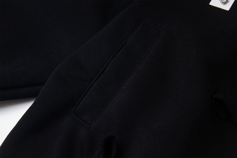 Close-up of black hoodie front pocket and zipper area