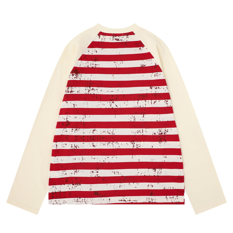 Back view of cream raglan long sleeve tee with red striped body and sleeves