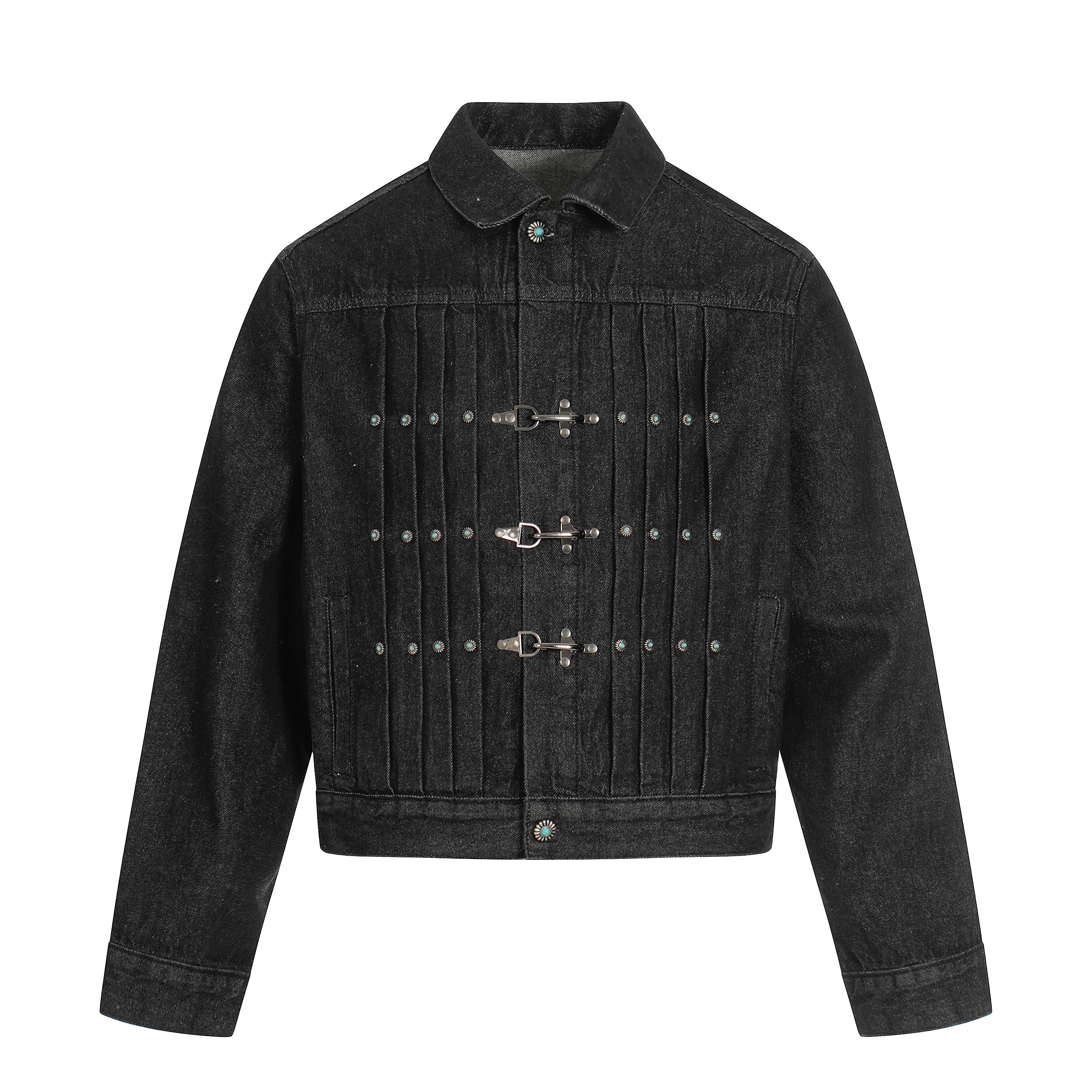 Metal Buckle Pleated Black Denim Jacket | Cropped Boxy Fit