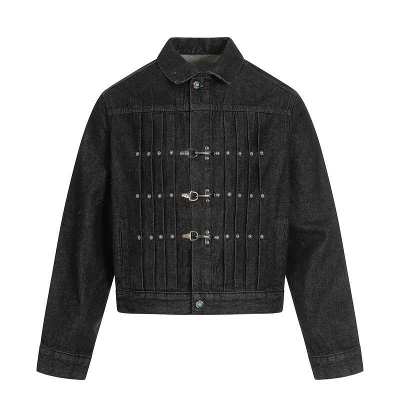 Metal Buckle Pleated Black Denim Jacket | Cropped Boxy Fit