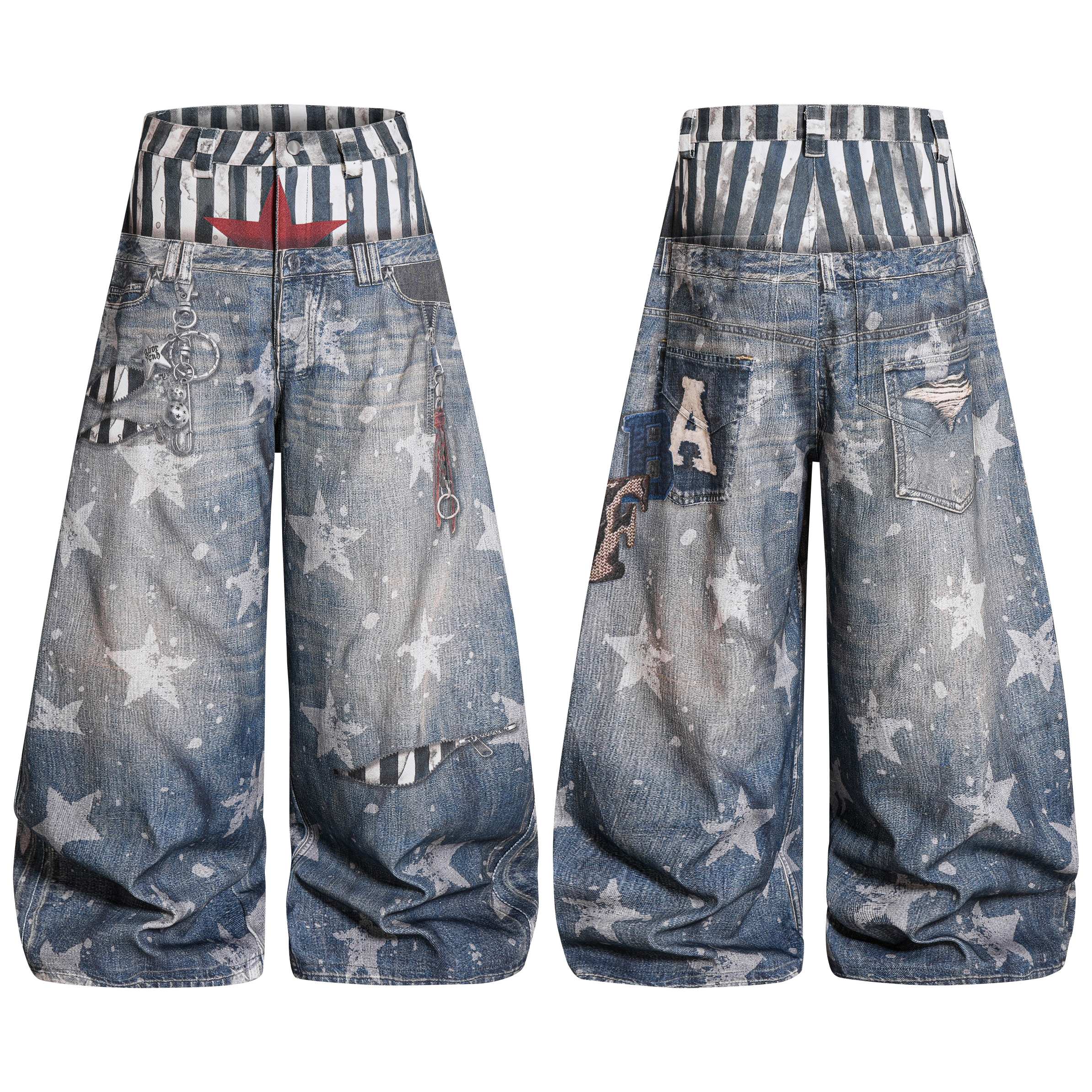 Front and back view of distressed star print balloon jeans with striped waistband, metal chains, and patchwork details