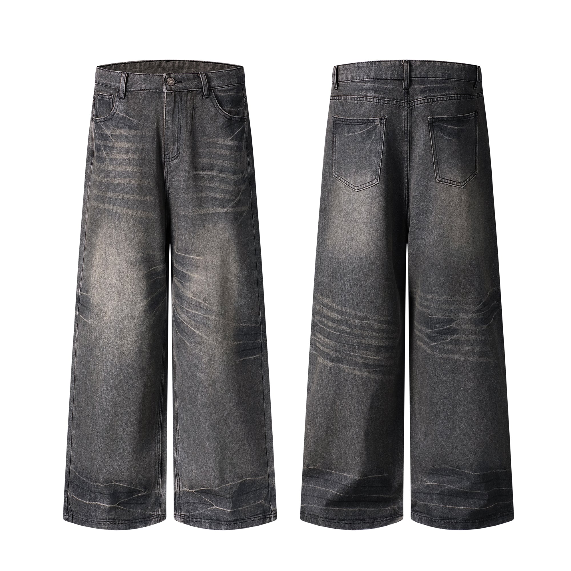 Front and back view of washed grey wide-leg denim pants with all-over whisker fading and five-pocket design