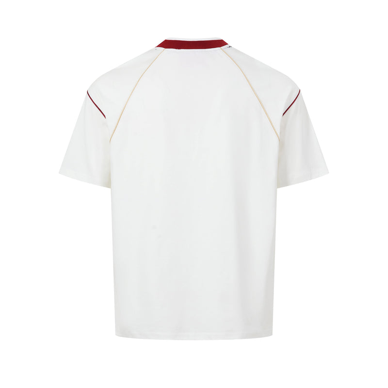 White retro football jersey T-shirt with burgundy collar and shoulder piping, shown from the back on a plain background