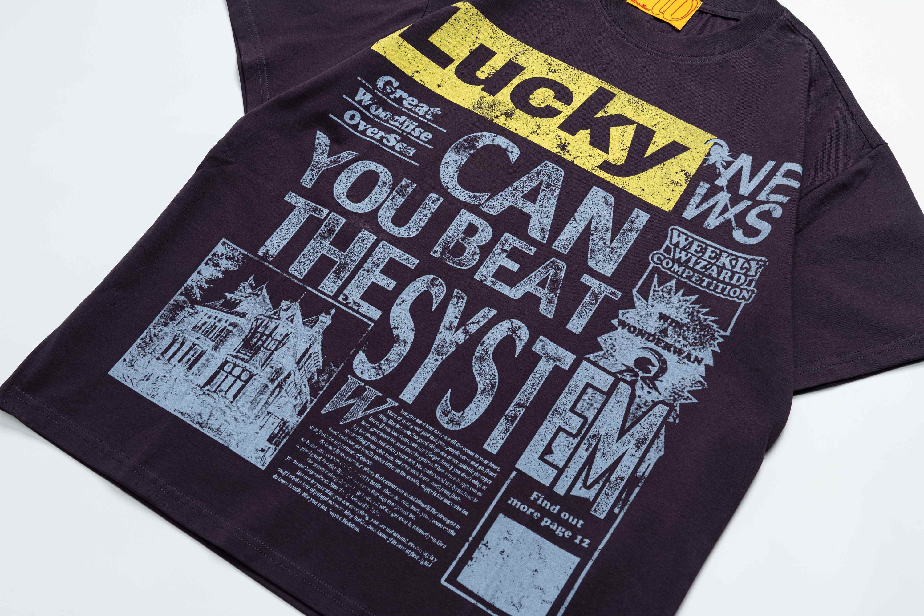 Lucky System Newspaper Graphic Tee | Oversized Y2K Streetwear