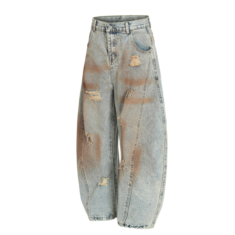 Rust Wash Distressed Barrel Jeans | Wide Leg Vintage Denim