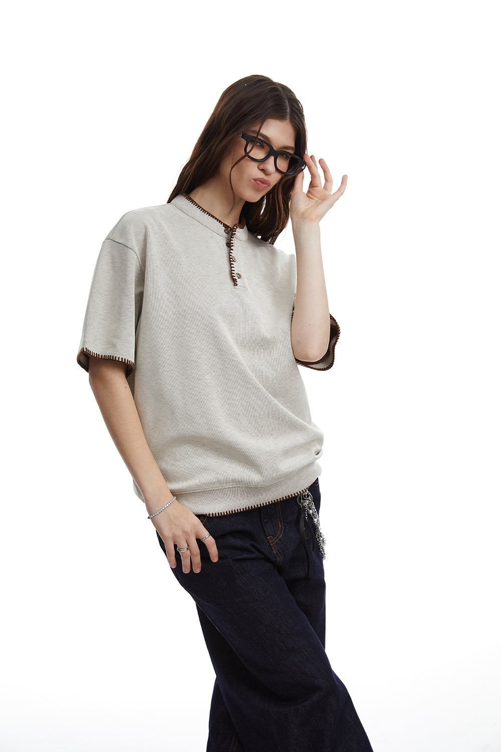 Omirad Contrast Stitch Henley Tee | Relaxed Fit Street Casual