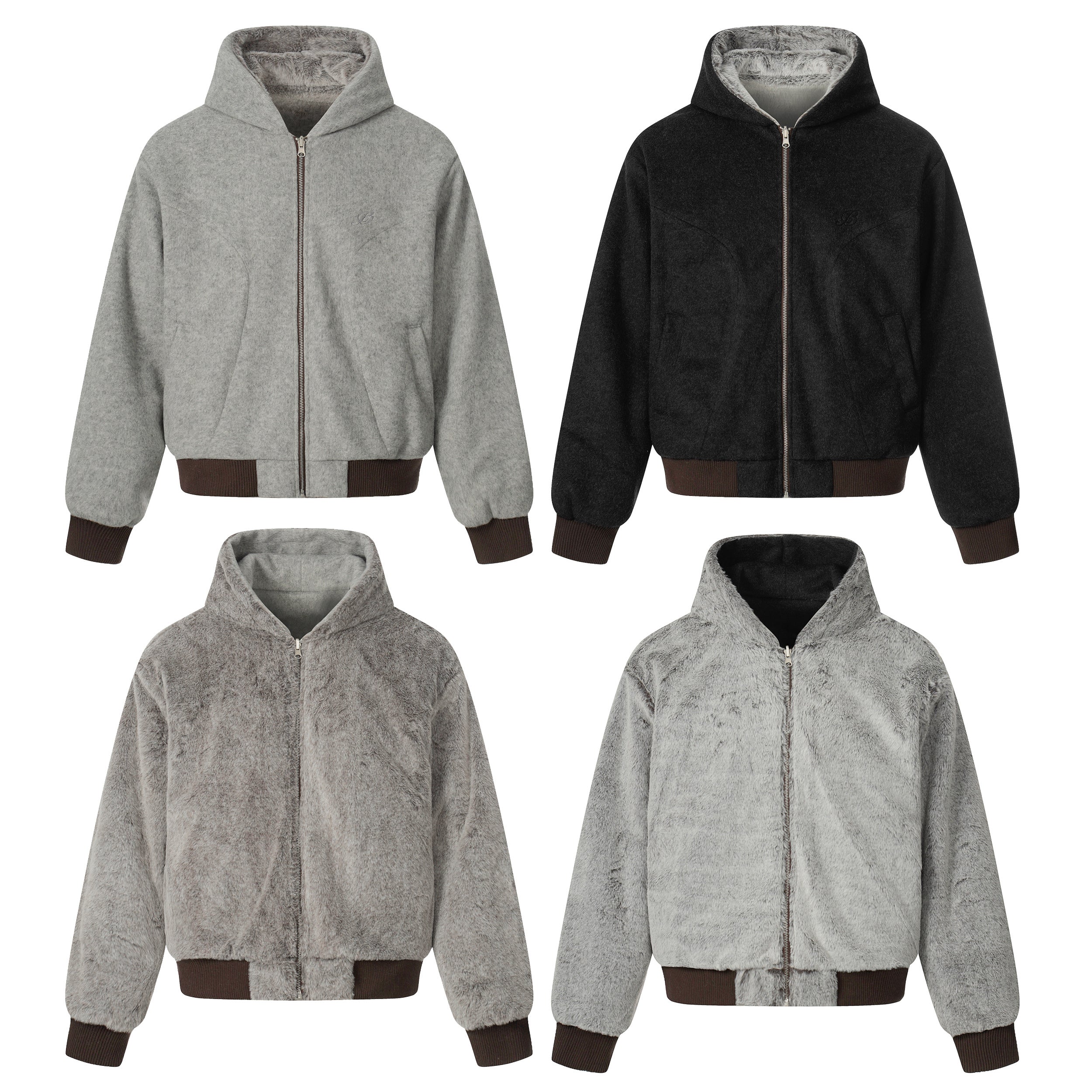 Light grey wool blend fleece hooded bomber jacket with full-length zip and dark brown ribbed cuffs and hem