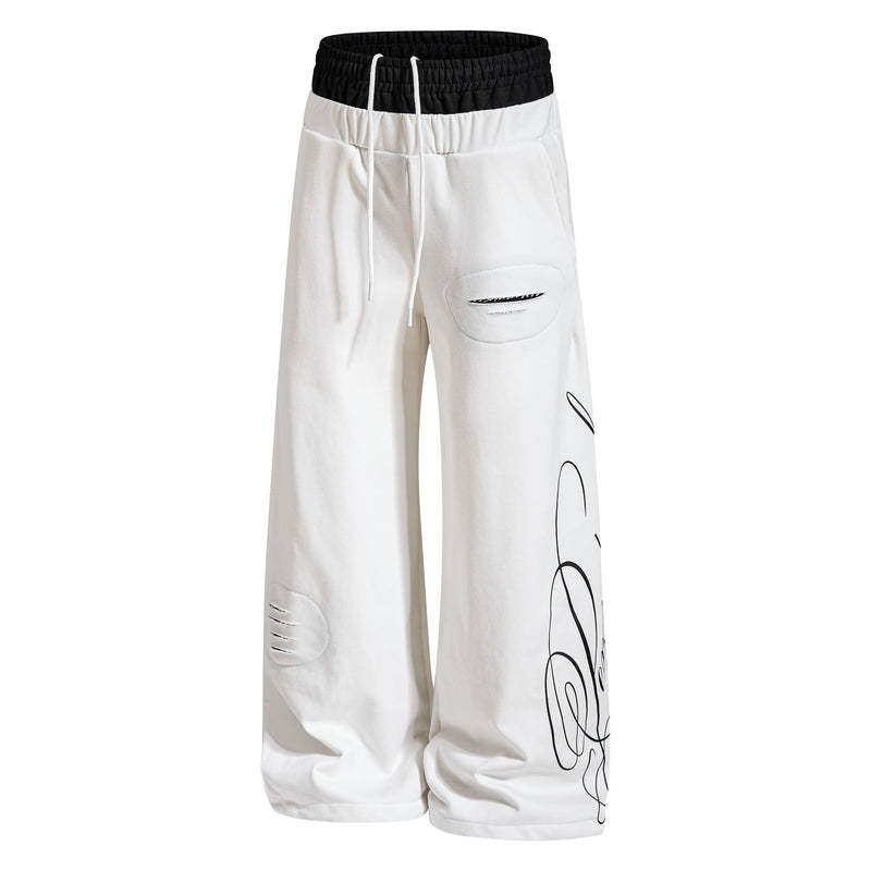 Distressed Wide-Leg Sweatpants with Contrast Waistband