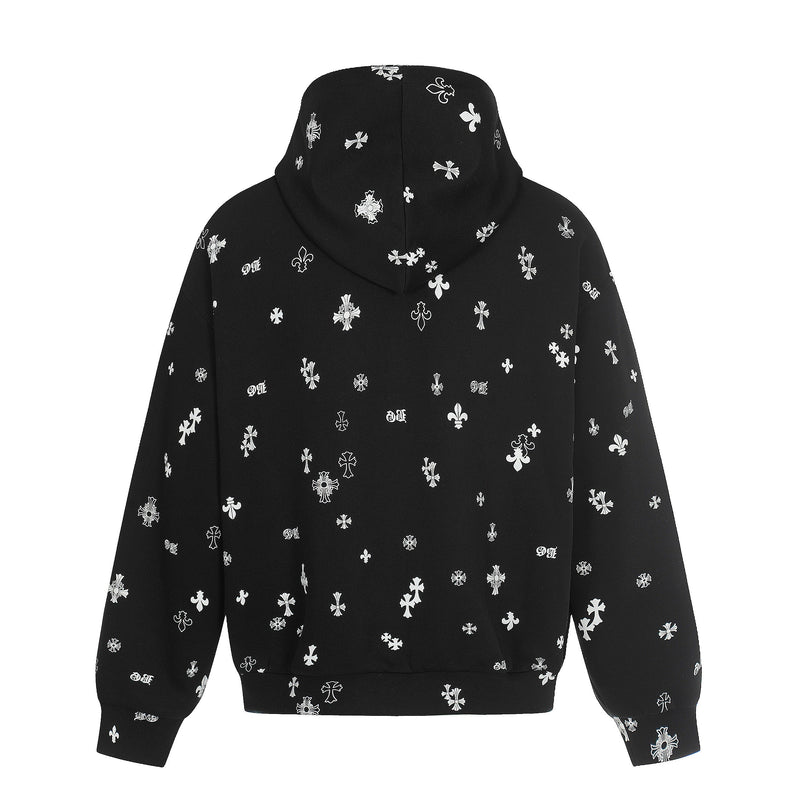 All-Over Gothic Cross Print Hooded Zip Jacket | Streetwear