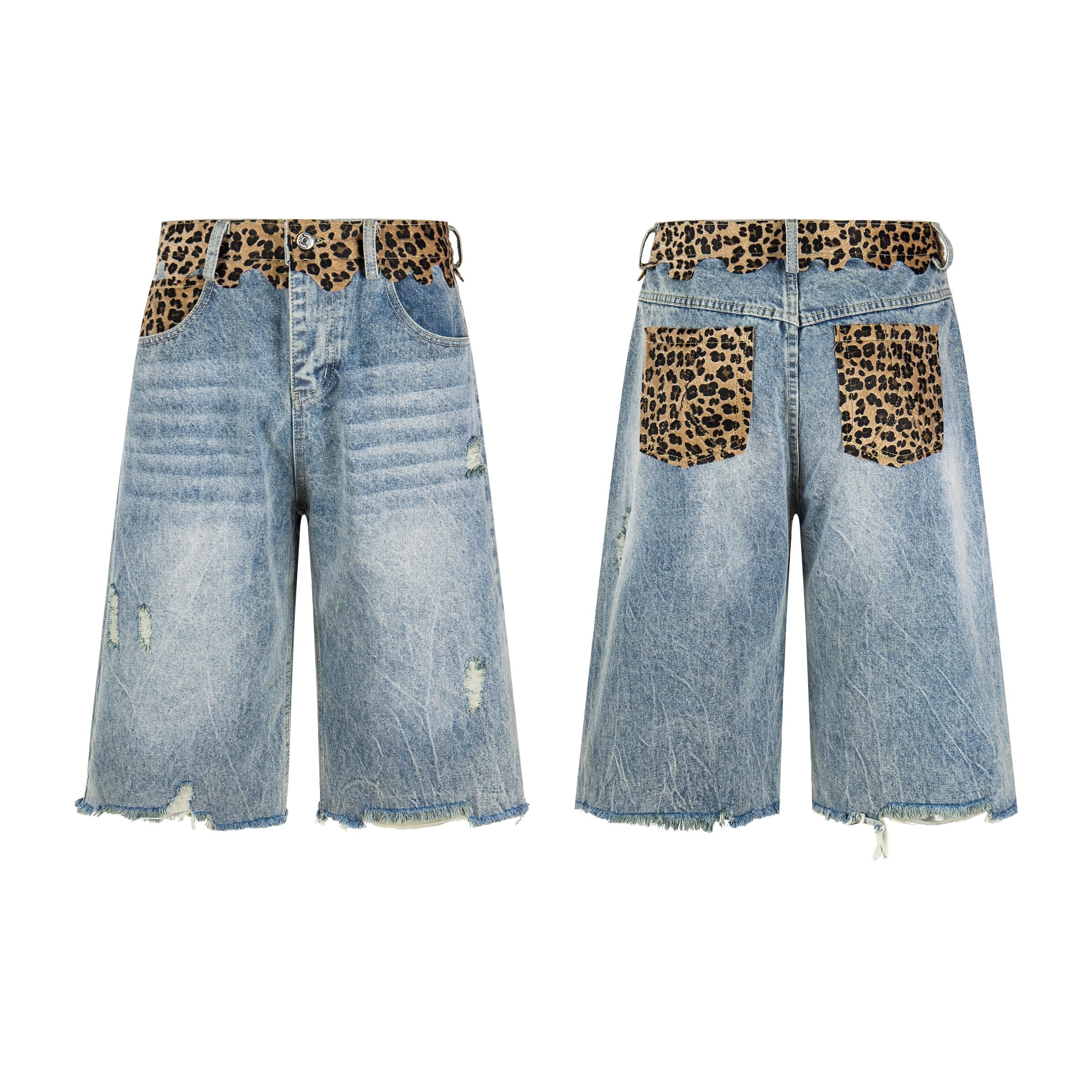 Front and back view of oversized distressed denim shorts with leopard-print waistband and back pocket panels