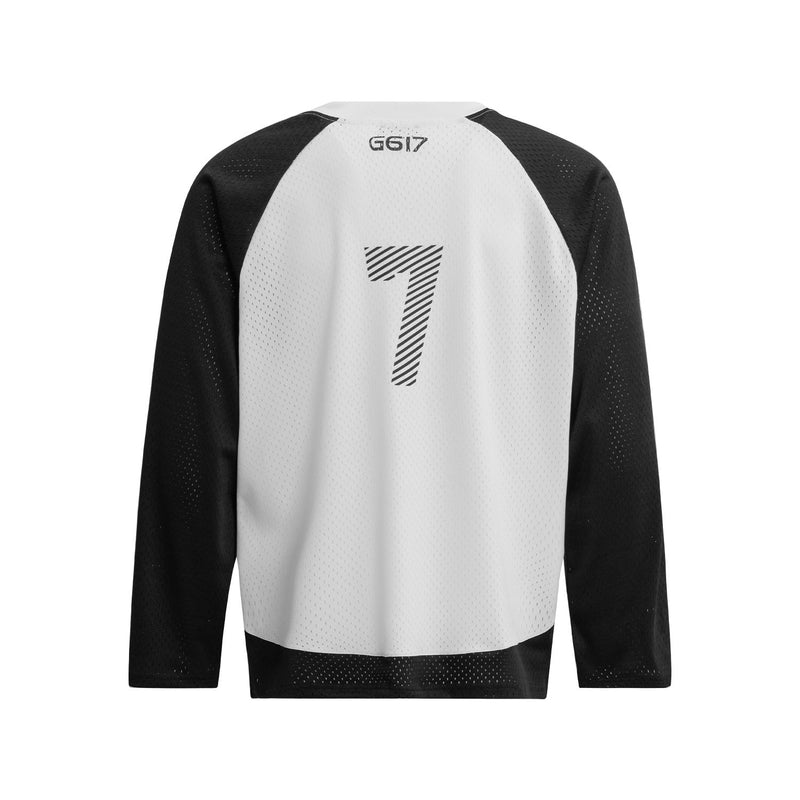 Back view of white and black long sleeve mesh jersey with large 7 and G617 at the neck