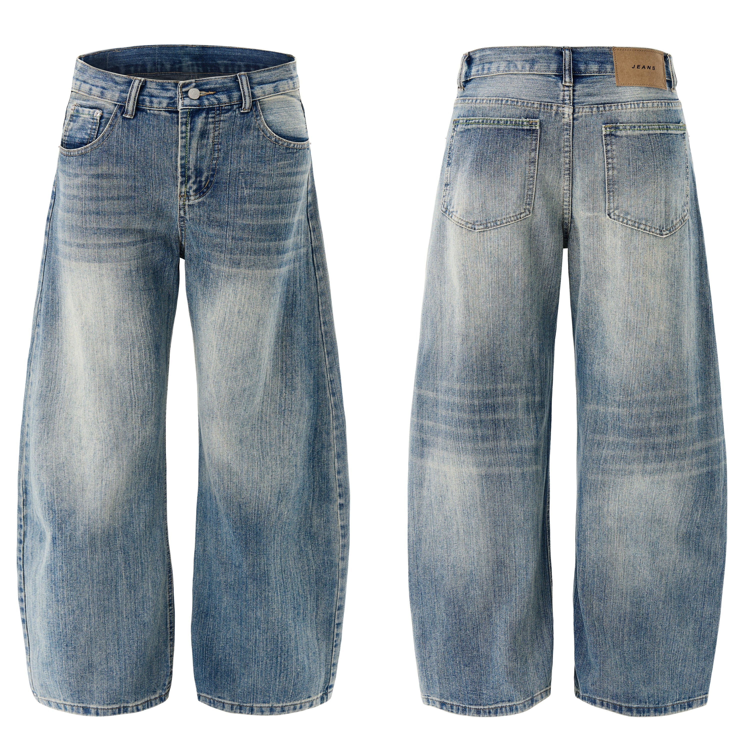 Front and back view of light-wash vintage fade barrel-leg jeans with wide silhouette and whisker detailing