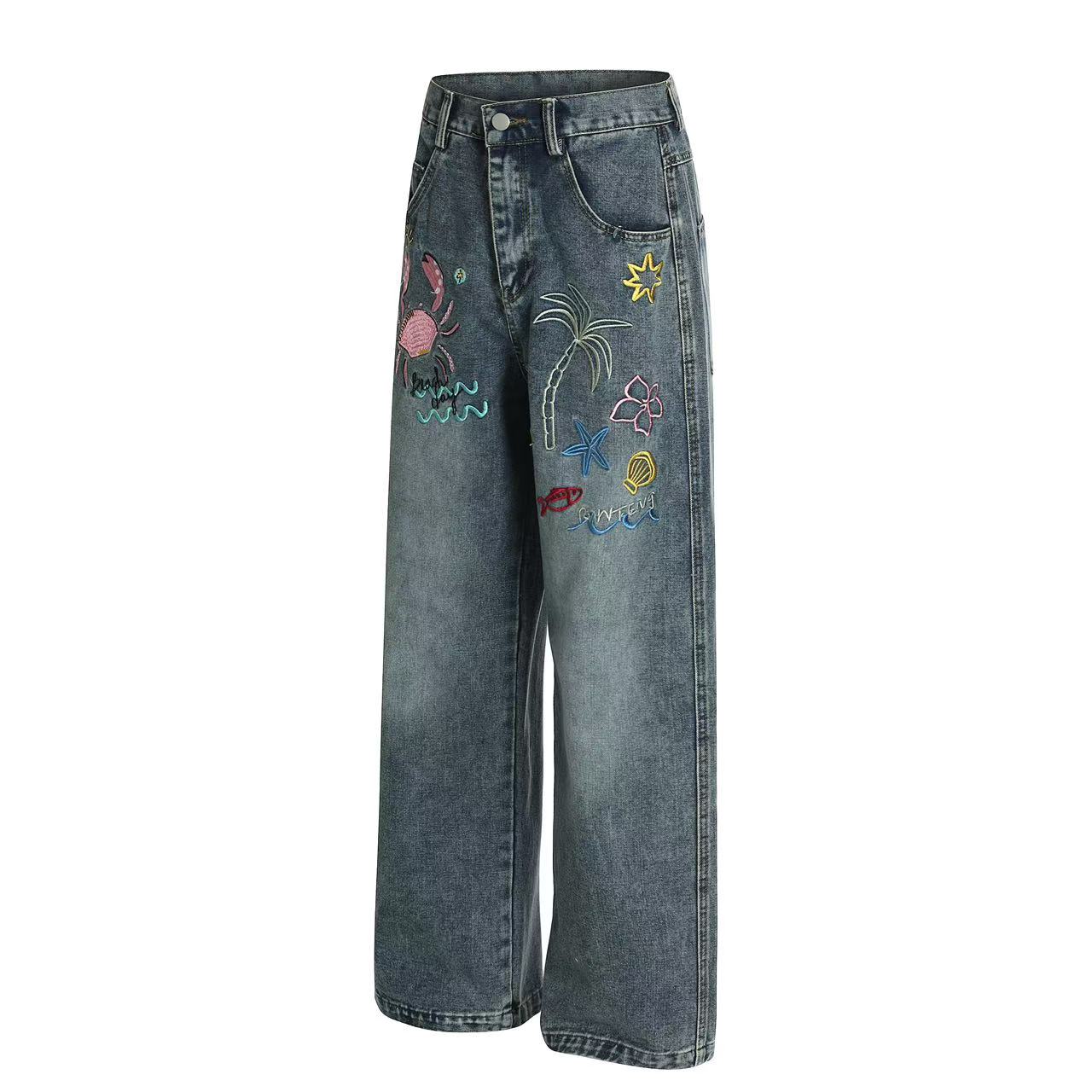 Tropical Embroidered Wide-Leg Denim Jeans | Beach Streetwear