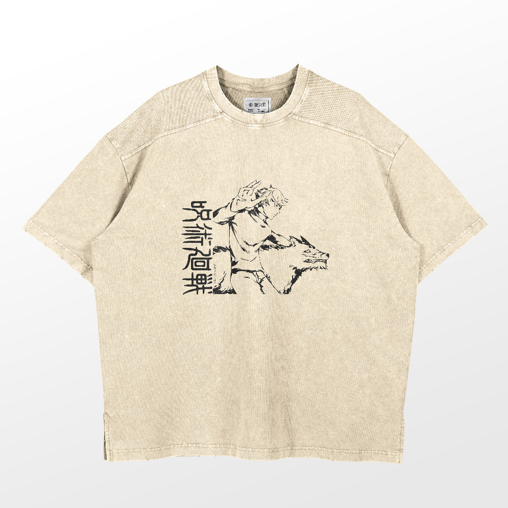 The Jujutsu Kaisen Megumi Fushiguro Washed Vintage T-Shirt in beige features a black graphic of Megumi with a stylized creature and Japanese text, enhancing its nostalgic vibe and loose fit, made from 260 GSM premium cotton.