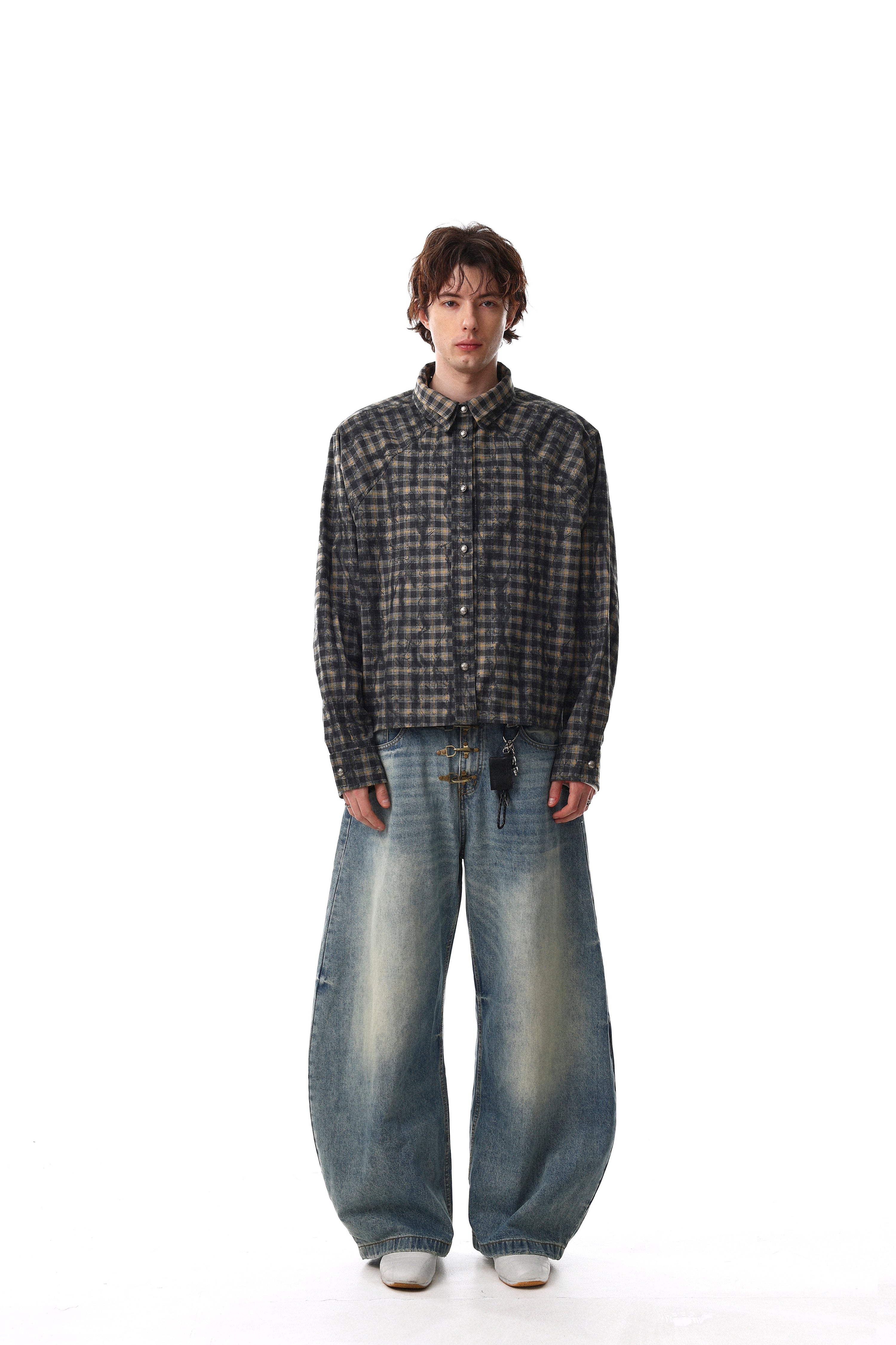 Omirad Vintage Washed Plaid Button-Up Jacket | Cropped Boxy Fit