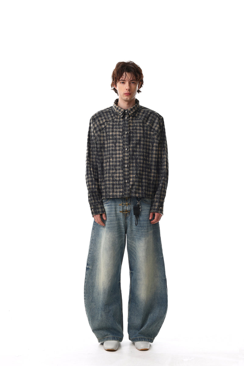 Omirad Vintage Washed Plaid Button-Up Jacket | Cropped Boxy Fit